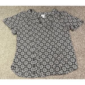 Liz Claiborne Black White Floral Blouse Short Sleeve Career Top XS